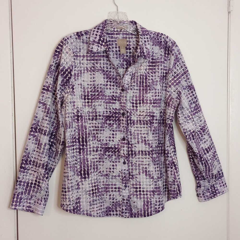 Chico's Purple Dots Wrinkle Resistant Button Front Cotton Shirt Sz 1